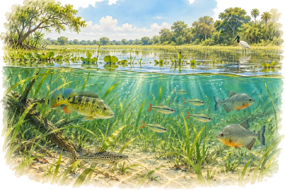 Illustration aquarelle : Le Pantanal, la plus grande zone humide tropicale.