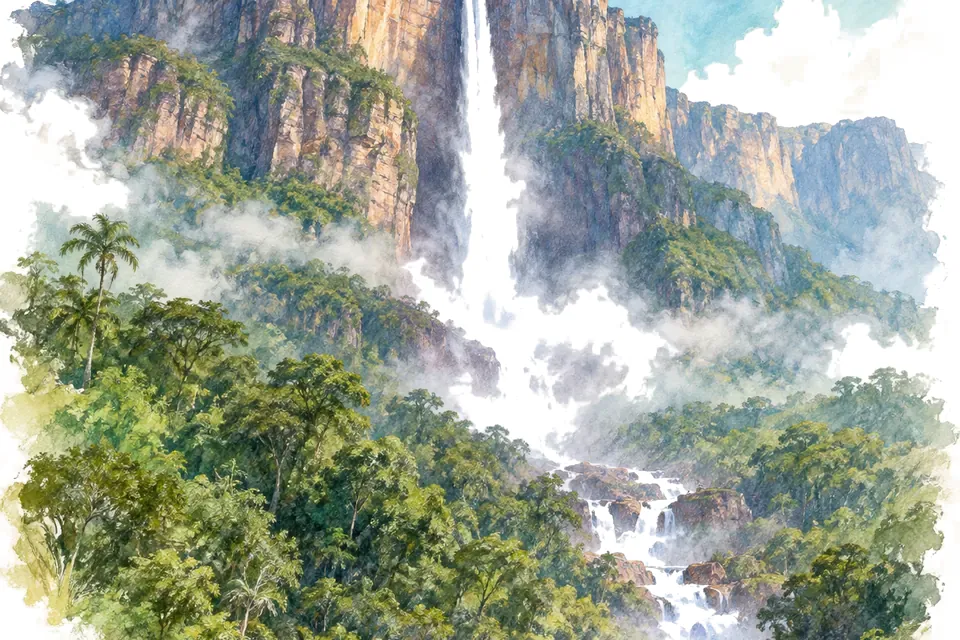 Illustration aquarelle : Salto Ángel : le record de hauteur d’une cascade.