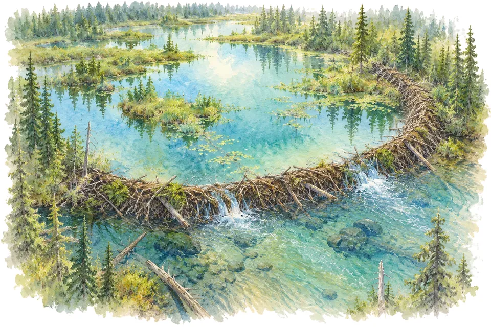 Illustration aquarelle : Le plus long barrage de castors connu.