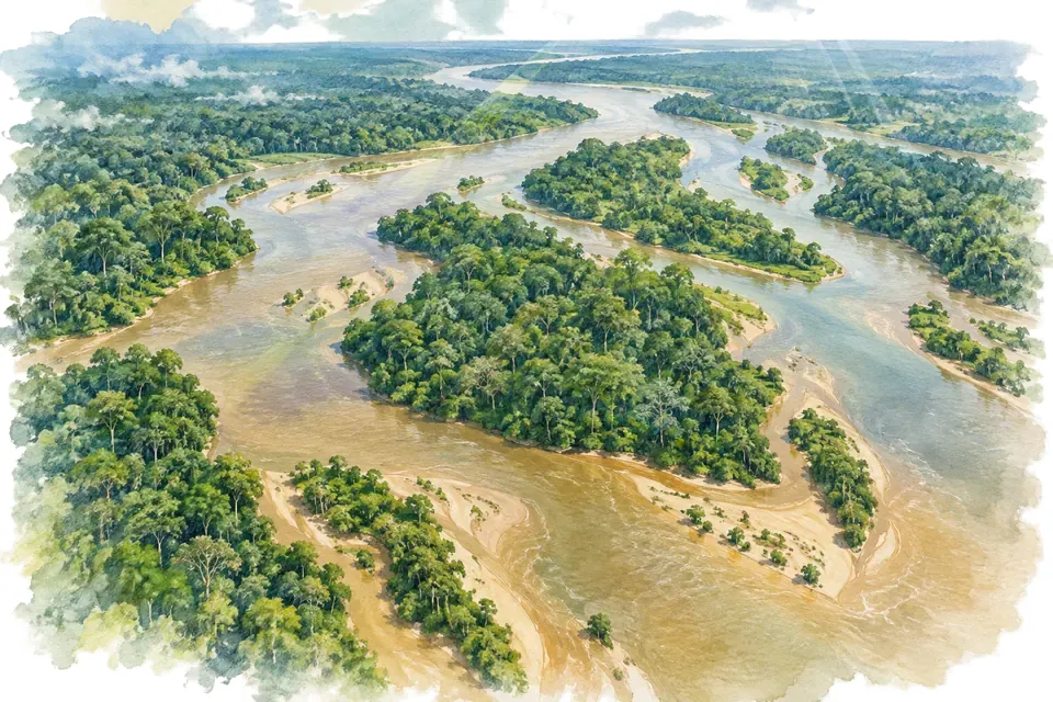 Illustration aquarelle : Nil ou Amazone : pourquoi le record du fleuve le plus long reste discuté.