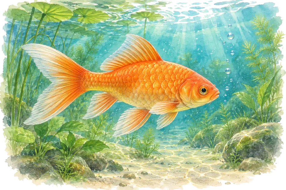 Illustration aquarelle : Le record de longueur du poisson rouge et les besoins de logement.