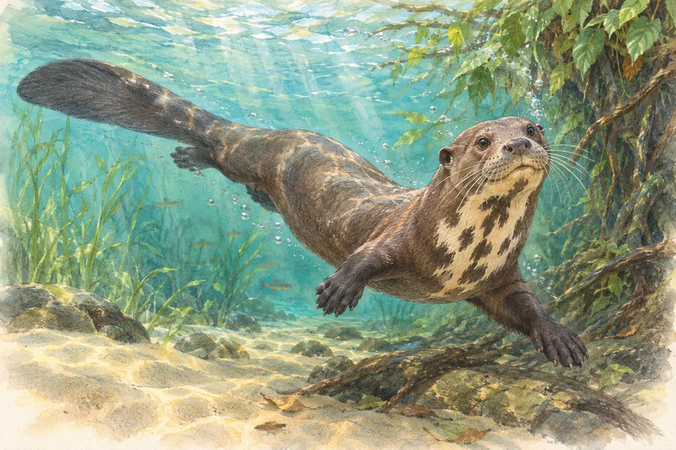 Illustration aquarelle : La loutre géante : généralement considérée comme la plus longue des loutres.
