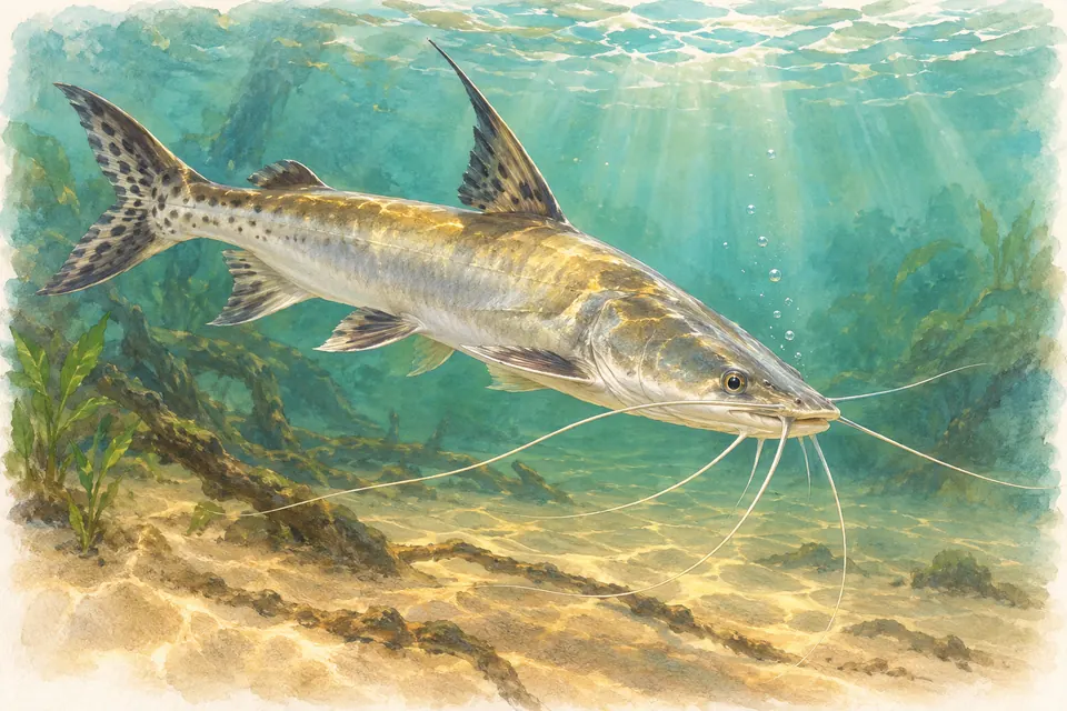 Illustration aquarelle : Le poisson-chat doré, un record de migration en eau douce décrit en 2017.
