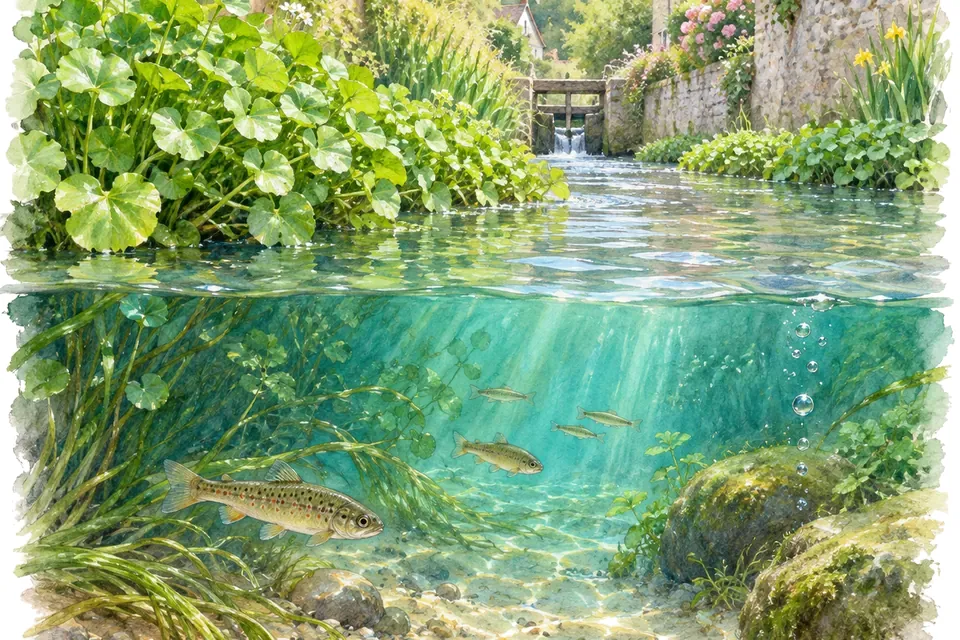 Illustration aquarelle : La Veules, un fleuve au parcours très court.