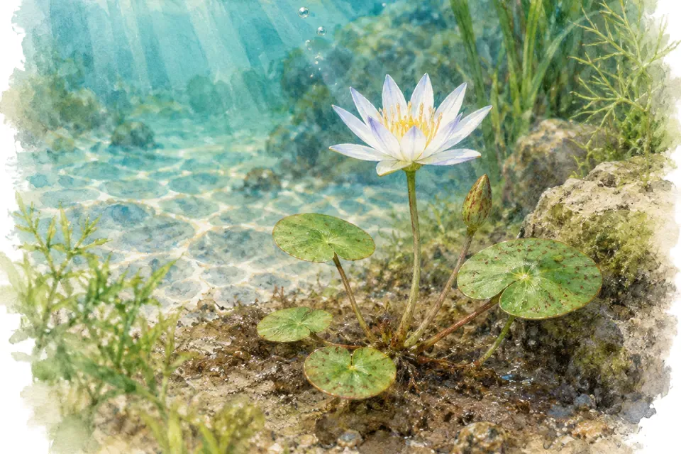 Illustration aquarelle : Nymphaea thermarum : le plus petit nénuphar.