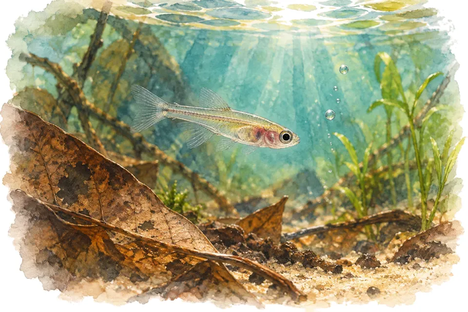 Illustration aquarelle : Paedocypris : un record de petitesse chez un poisson adulte d’eau douce.