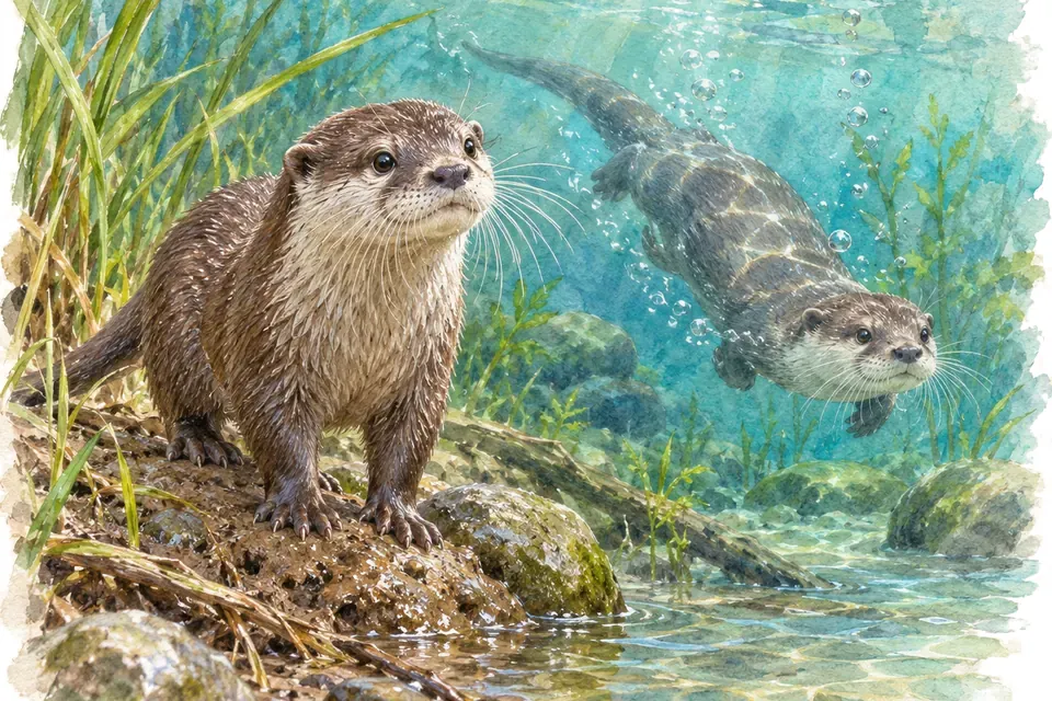 Illustration aquarelle : La loutre cendrée, la plus petite espèce de loutre.