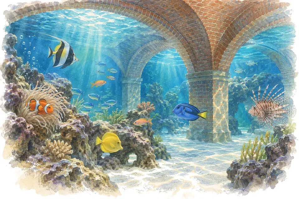 Illustration aquarelle : Brighton : le plus ancien aquarium public encore en activité.