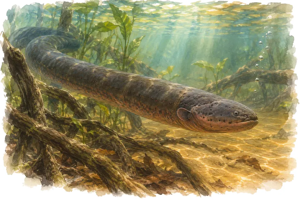 Illustration aquarelle : Electrophorus voltai : le record de décharge électrique d’un poisson.