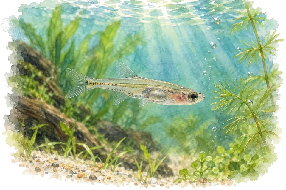 Illustration aquarelle : Danionella cerebrum : un minuscule poisson aux sons puissants.