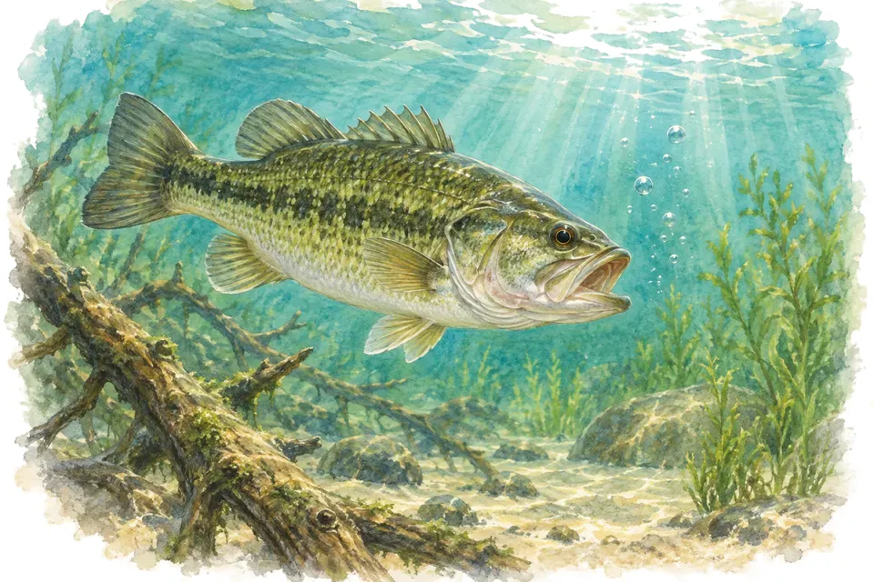 Illustration aquarelle : Black-bass : pourquoi le record mondial est partagé.