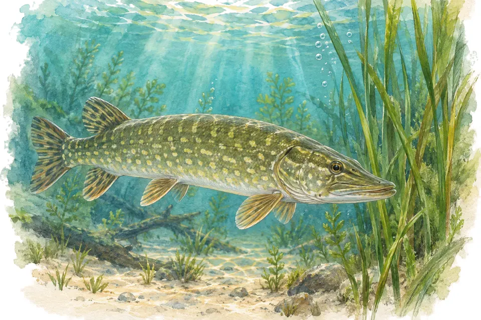 Illustration aquarelle : Le brochet de 25 kg homologué par l’IGFA.