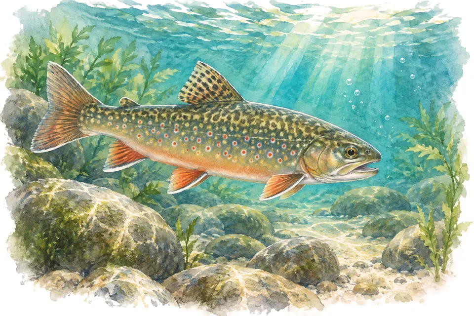 Illustration aquarelle : L'omble de fontaine : un record de pêche.