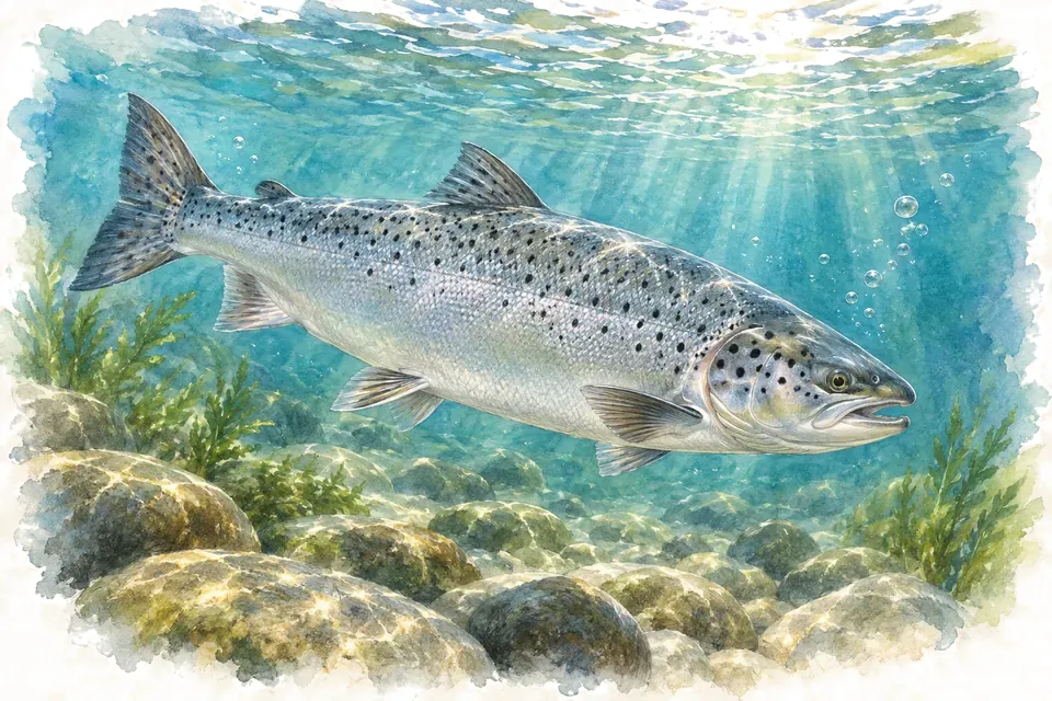 Illustration aquarelle : Le saumon atlantique record de la rivière Tana.