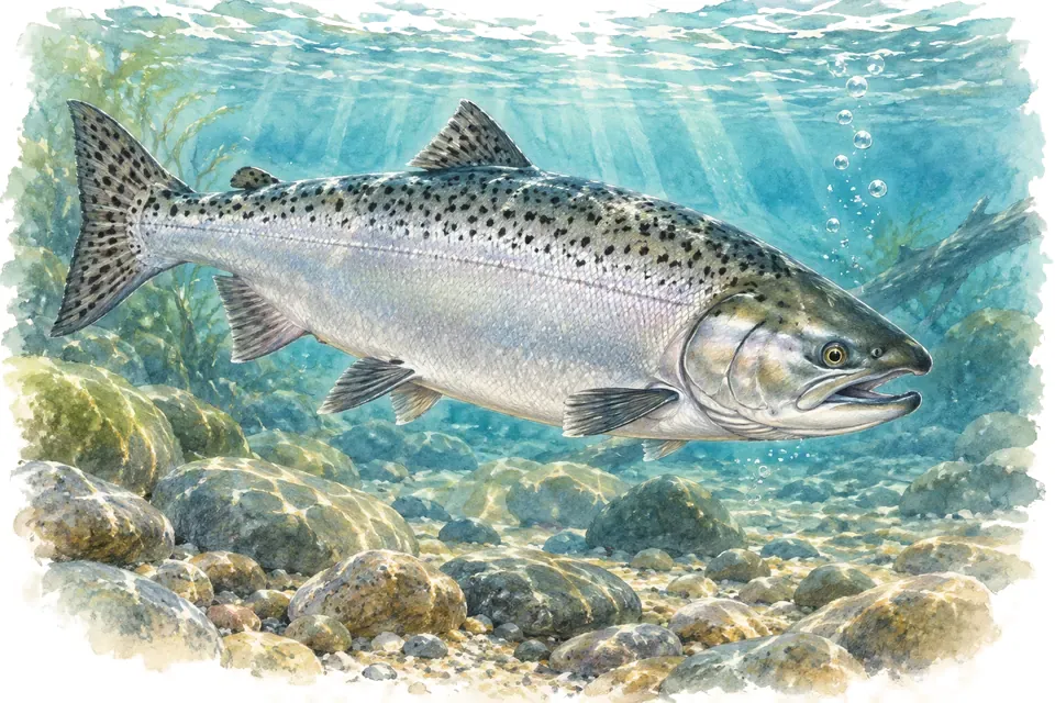 Illustration aquarelle : Le saumon quinnat record capturé en Alaska.