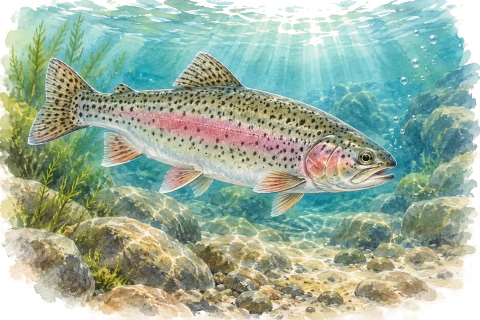 Illustration aquarelle : La truite arc-en-ciel record et son contexte particulier.