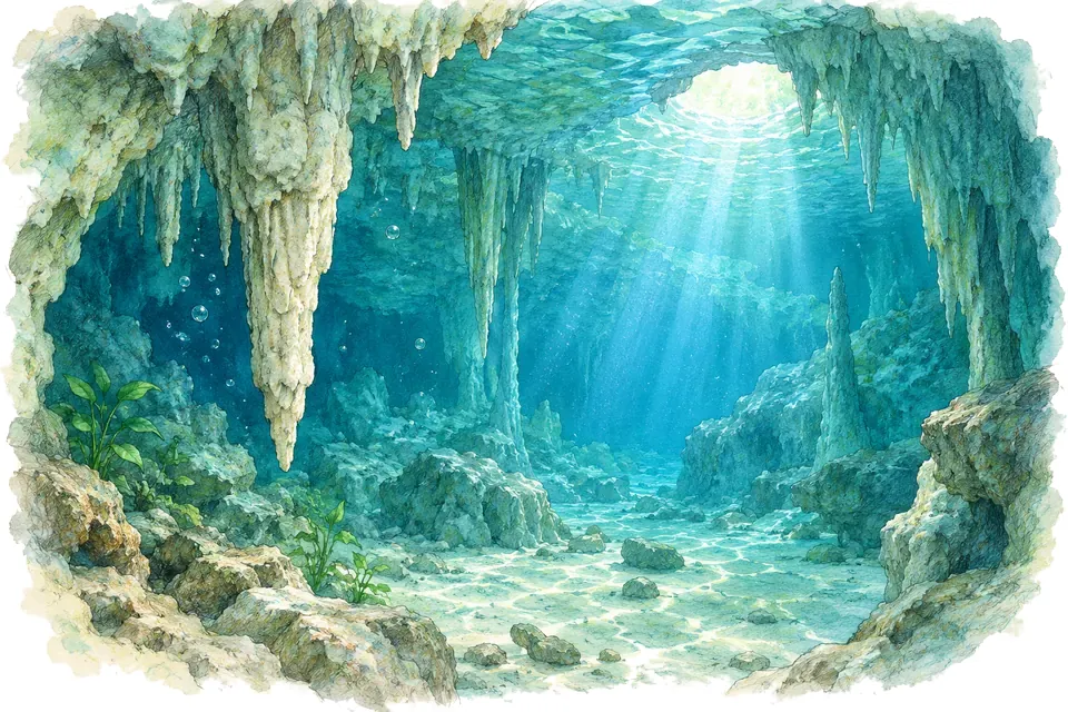 Illustration aquarelle : Sac Actun : le record de longueur annoncé pour une grotte inondée en 2018.