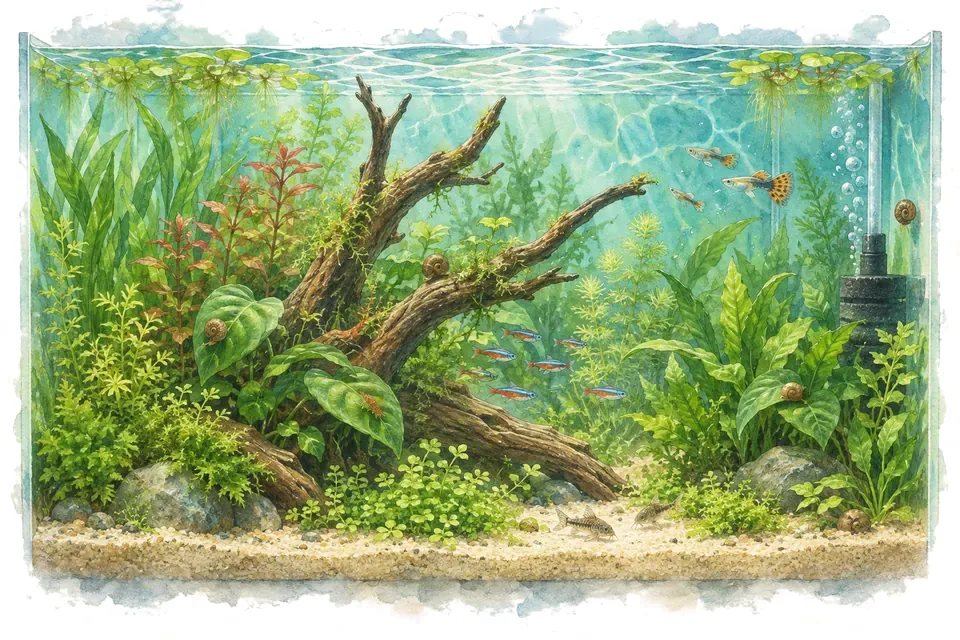 Illustration aquarelle : L’aquarium low-tech correspond-il à vos envies ?