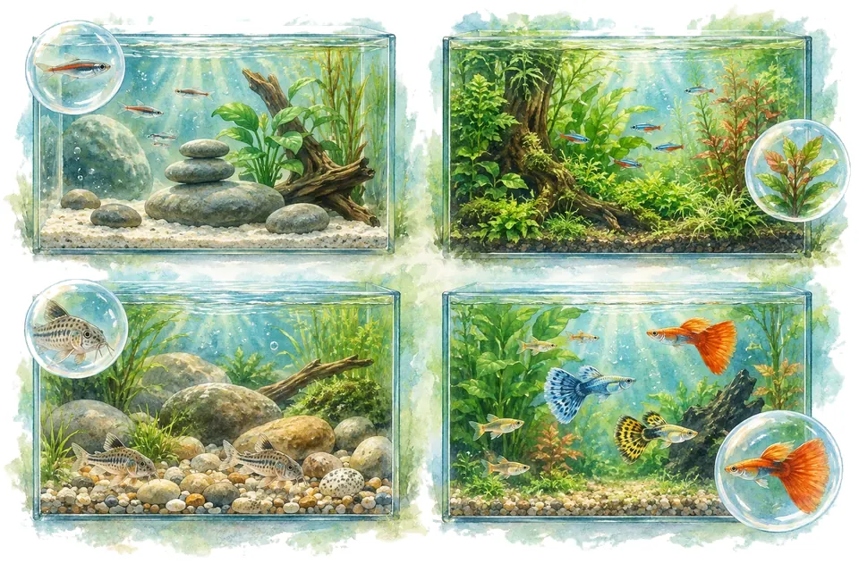 Planche aquarelle du test : Quel aquarium vous ressemble ?.