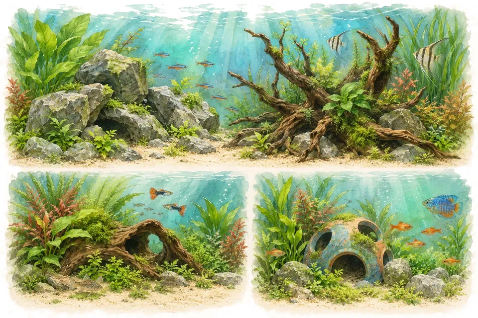 Illustration aquarelle : Quel décor d’aquarium correspond à vos goûts ?