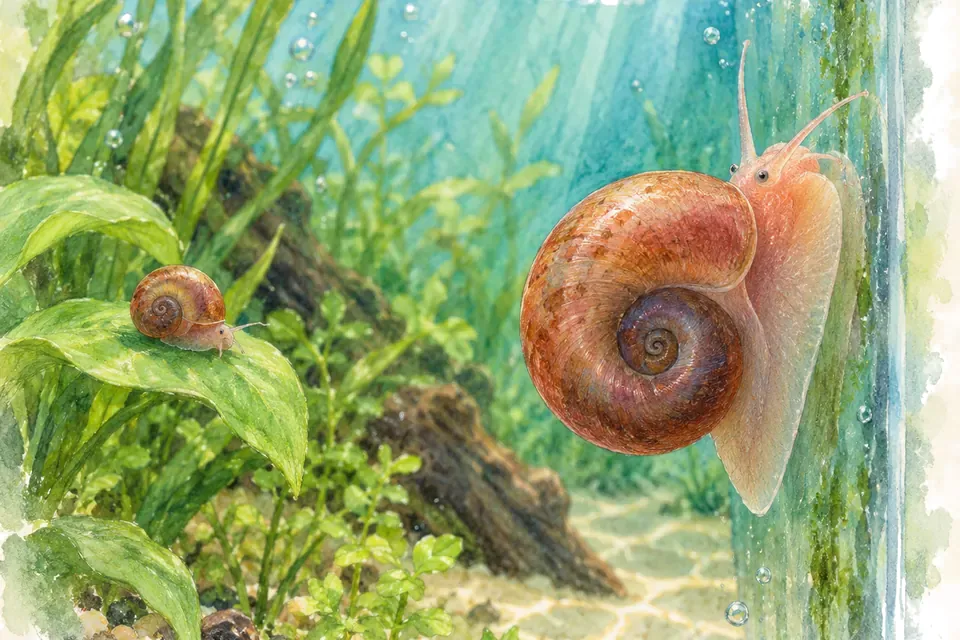 Illustration aquarelle : Quel regard portez-vous sur les escargots d’aquarium ?
