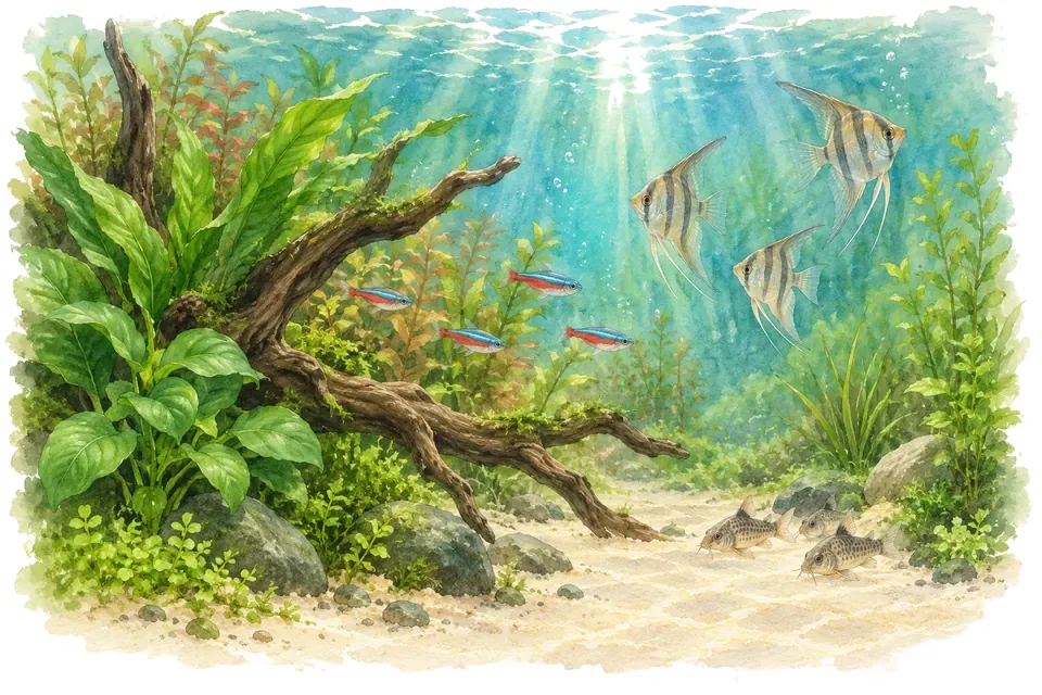 Illustration aquarelle : Quel rôle aimez-vous jouer autour de l’aquarium familial ?