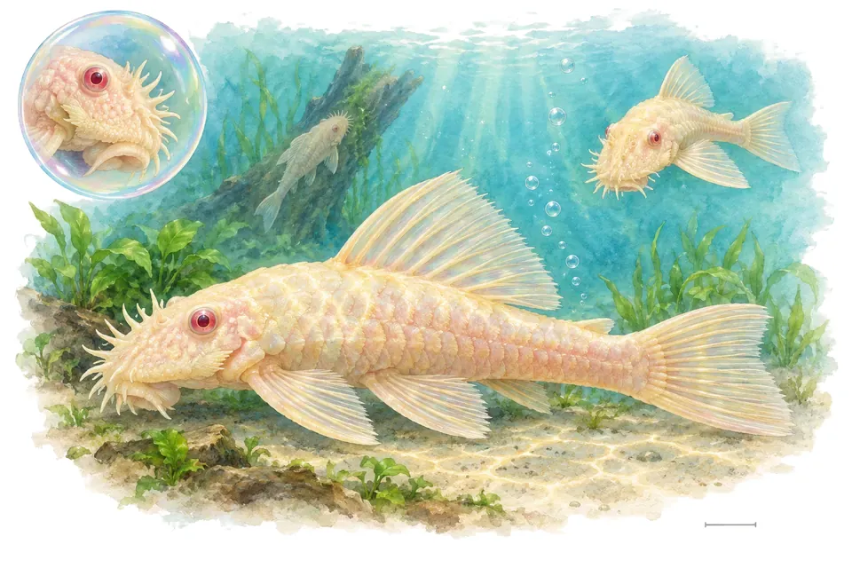 Aquarelle : Ancistrus albinos (Ancistrus cirrhosus) dans une eau turquoise lumineuse, avec une vue de trois quarts et un détail dans une bulle.
