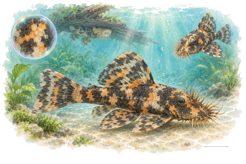 Aquarelle : Ancistrus calico (Ancistrus sp.) dans une eau turquoise lumineuse, avec une vue de trois quarts et un détail dans une bulle.