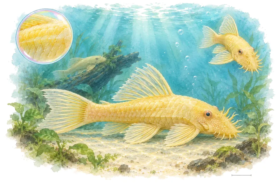 Aquarelle : Ancistrus citron (Ancistrus cirrhosus) dans une eau turquoise lumineuse, avec une vue de trois quarts et un détail dans une bulle.
