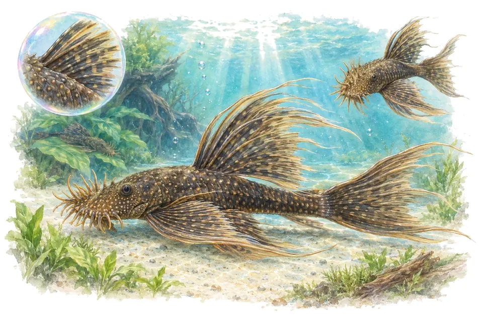 Aquarelle : Ancistrus à longues nageoires (Ancistrus cirrhosus) dans une eau turquoise lumineuse, avec une vue de trois quarts et un détail dans une bulle.
