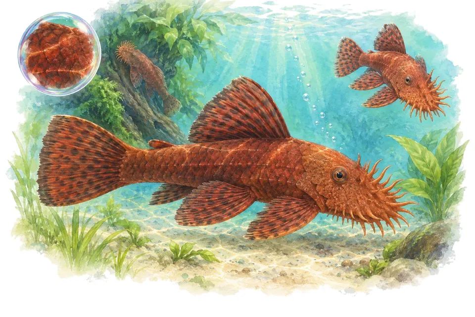 Aquarelle : Ancistrus super red (Ancistrus sp. 'Super Red') dans une eau turquoise lumineuse, avec une vue de trois quarts et un détail dans une bulle.