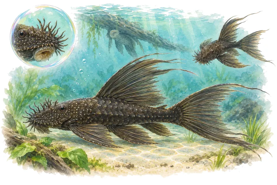 Aquarelle : Ancistrus voile (Ancistrus cirrhosus) dans une eau turquoise lumineuse, avec une vue de trois quarts et un détail dans une bulle.
