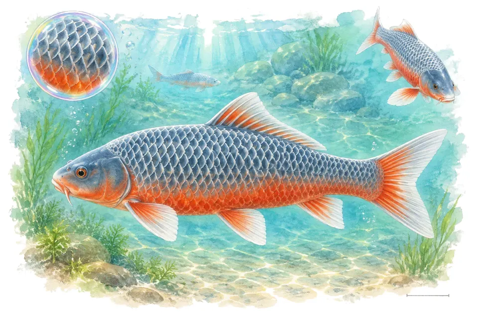 Aquarelle : Asagi (Cyprinus rubrofuscus) dans une eau turquoise lumineuse, avec une vue de trois quarts et un détail dans une bulle.