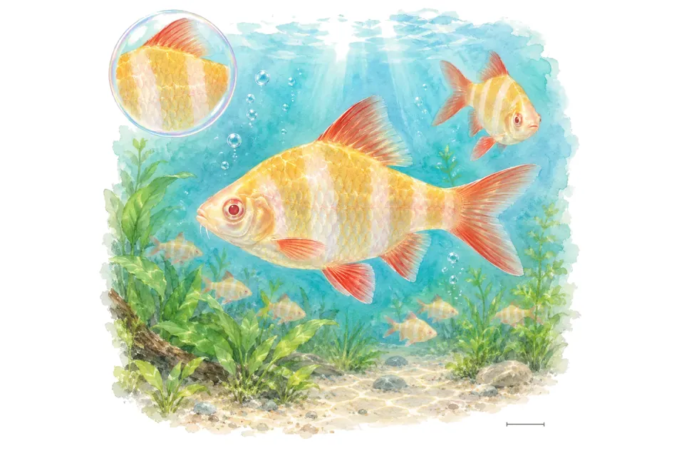 Aquarelle : Barbu de Sumatra albinos (Puntigrus tetrazona) dans une eau turquoise lumineuse, avec une vue de trois quarts et un détail dans une bulle.