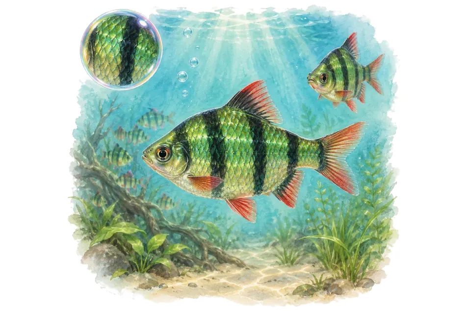 Aquarelle : Barbu de Sumatra vert (Puntigrus tetrazona) dans une eau turquoise lumineuse, avec une vue de trois quarts et un détail dans une bulle.