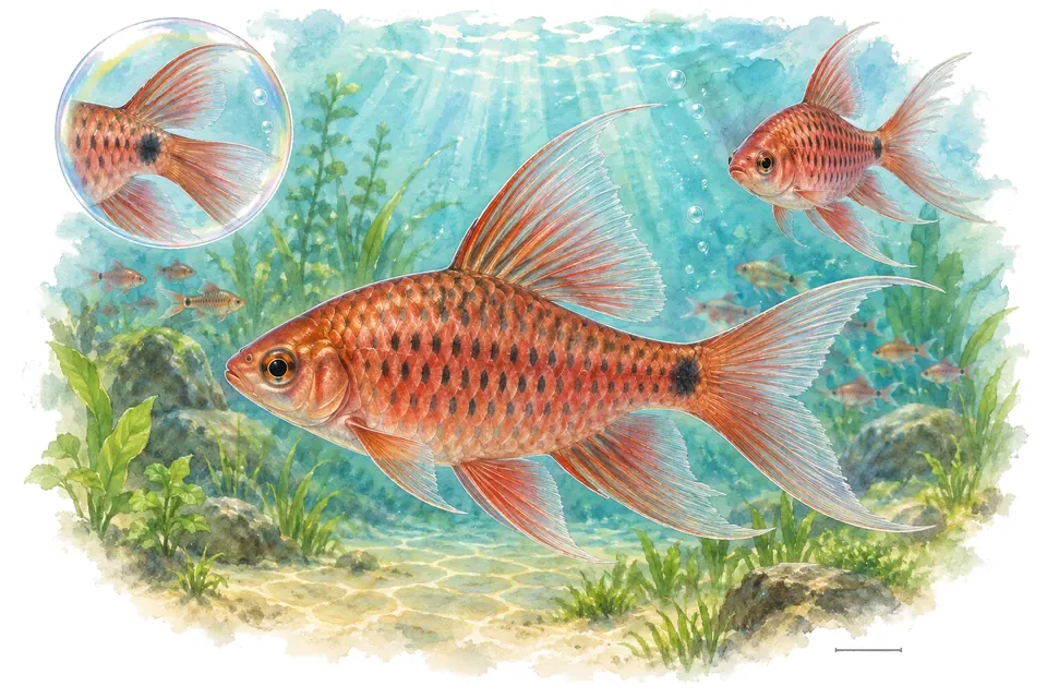 Aquarelle : Barbus rosé à longues nageoires (Pethia conchonius) dans une eau turquoise lumineuse, avec une vue de trois quarts et un détail dans une bulle.