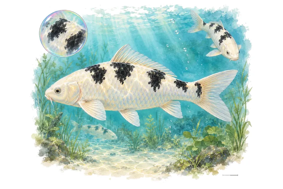 Aquarelle : Bekko (Cyprinus rubrofuscus) dans une eau turquoise lumineuse, avec une vue de trois quarts et un détail dans une bulle.