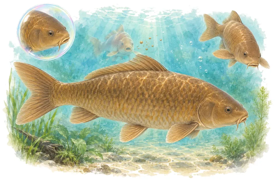 Aquarelle : Chagoi (Cyprinus rubrofuscus) dans une eau turquoise lumineuse, avec une vue de trois quarts et un détail dans une bulle.