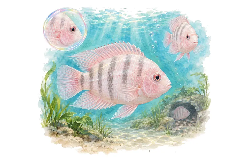 Aquarelle : Cichlidé zébré rose (Amatitlania nigrofasciata) dans une eau turquoise lumineuse, avec une vue de trois quarts et un détail dans une bulle.