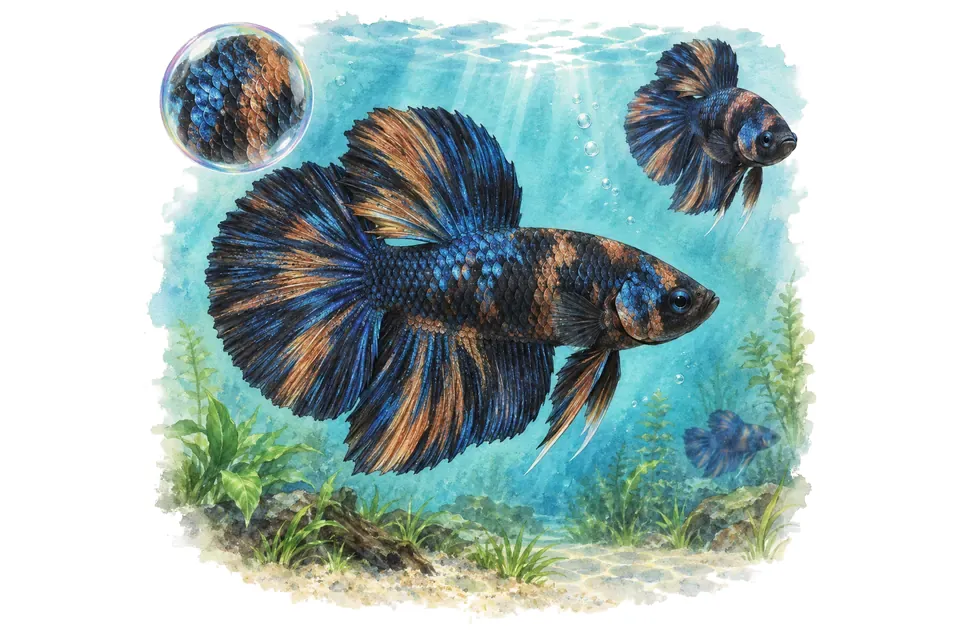 Aquarelle : Combattant avatar (Betta splendens) dans une eau turquoise lumineuse, avec une vue de trois quarts et un détail dans une bulle.