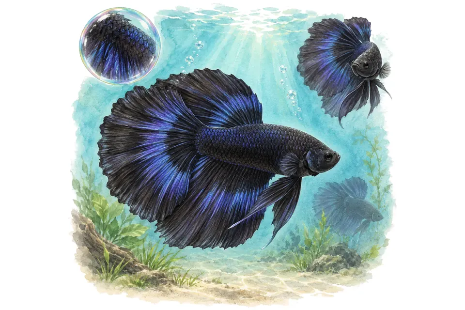 Aquarelle : Combattant black orchid (Betta splendens) dans une eau turquoise lumineuse, avec une vue de trois quarts et un détail dans une bulle.