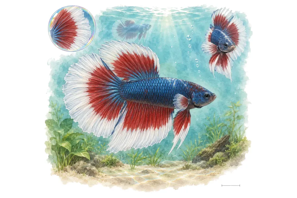 Aquarelle : Combattant butterfly (Betta splendens) dans une eau turquoise lumineuse, avec une vue de trois quarts et un détail dans une bulle.