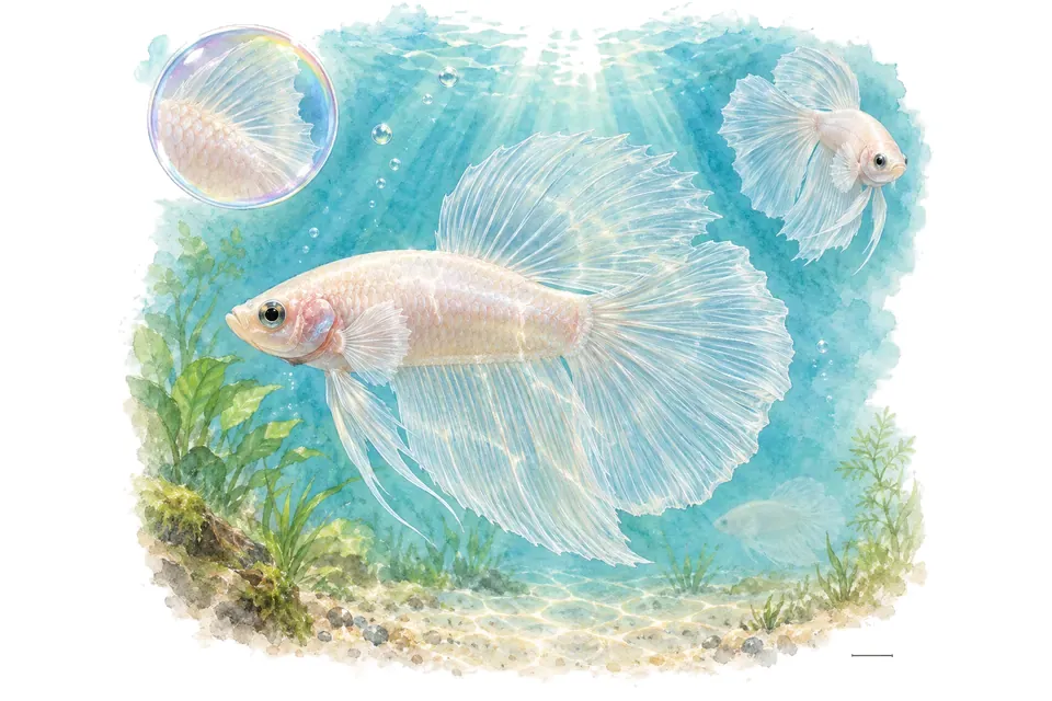 Aquarelle : Combattant cellophane (Betta splendens) dans une eau turquoise lumineuse, avec une vue de trois quarts et un détail dans une bulle.