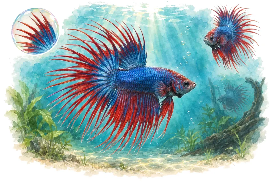 Aquarelle : Combattant couronne (Betta splendens) dans une eau turquoise lumineuse, avec une vue de trois quarts et un détail dans une bulle.