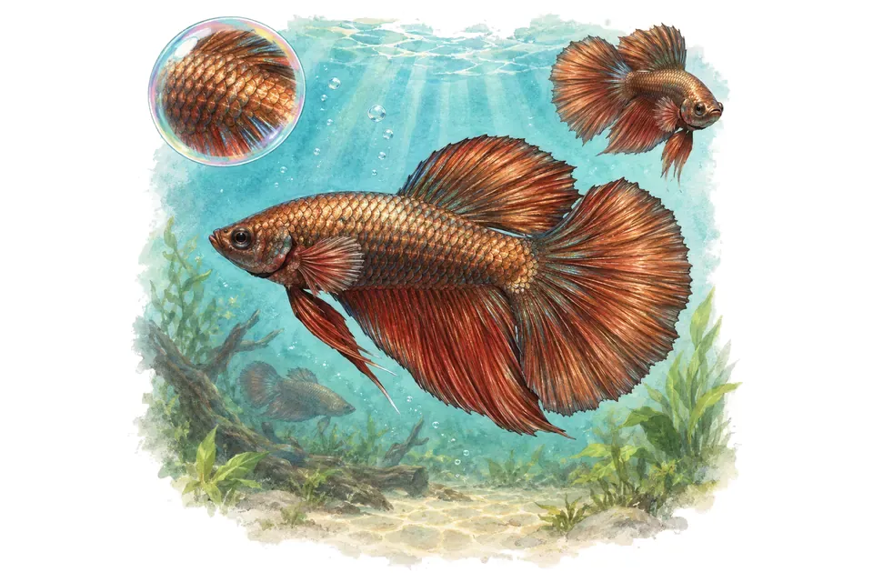 Aquarelle : Combattant cuivre (Betta splendens) dans une eau turquoise lumineuse, avec une vue de trois quarts et un détail dans une bulle.