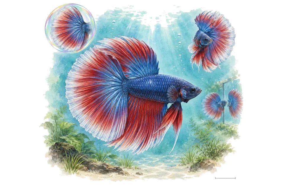 Aquarelle : Combattant demi-lune (Betta splendens) dans une eau turquoise lumineuse, avec une vue de trois quarts et un détail dans une bulle.
