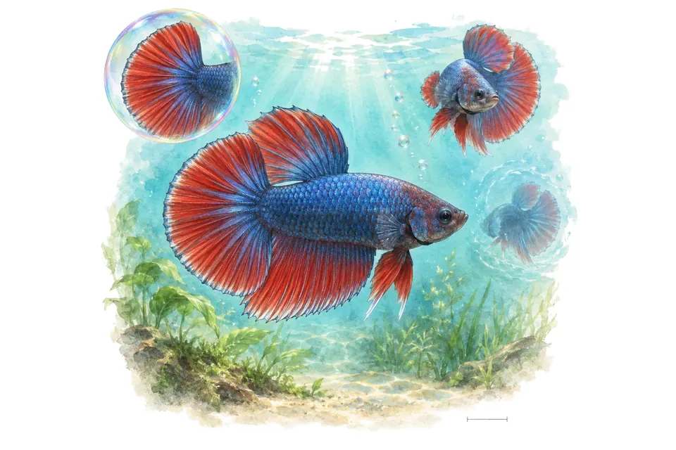 Aquarelle : Combattant demi-lune plakat (Betta splendens) dans une eau turquoise lumineuse, avec une vue de trois quarts et un détail dans une bulle.