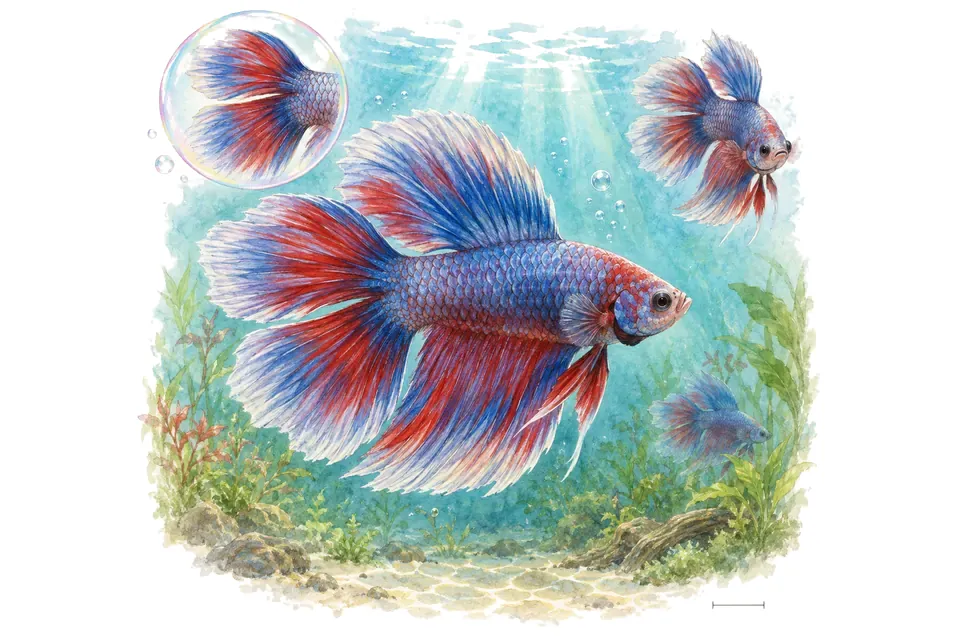 Aquarelle : Combattant double queue (Betta splendens) dans une eau turquoise lumineuse, avec une vue de trois quarts et un détail dans une bulle.
