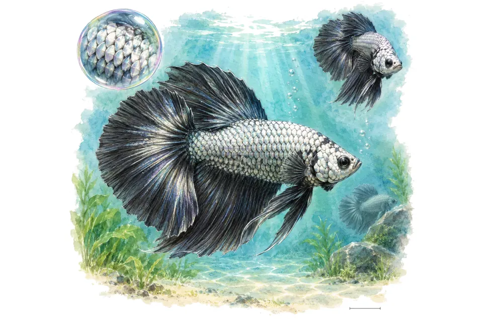 Aquarelle : Combattant dragon (Betta splendens) dans une eau turquoise lumineuse, avec une vue de trois quarts et un détail dans une bulle.