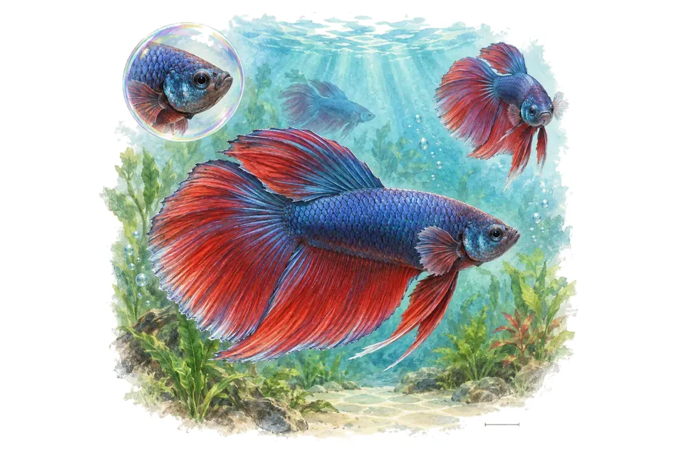 Aquarelle : Combattant géant (Betta splendens) dans une eau turquoise lumineuse, avec une vue de trois quarts et un détail dans une bulle.